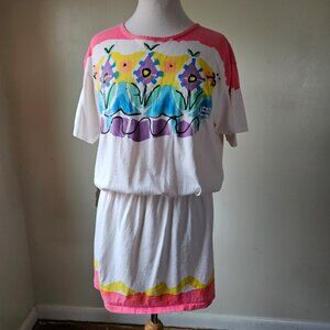 JAG Vintage 80s Watercolor Floral Cotton Tshirt Dress Beach Cover Up Oversized S